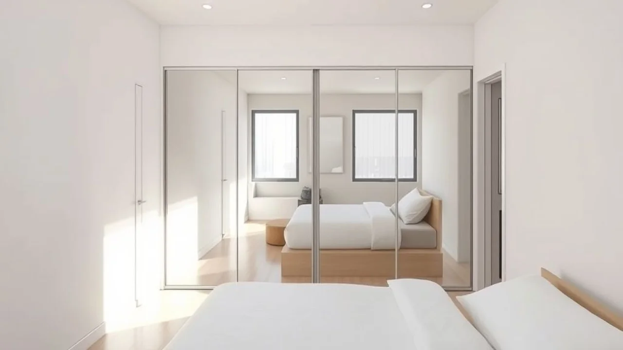 Quarto pequeno brasileiro com armário embutido e portas de correr espelhadas.