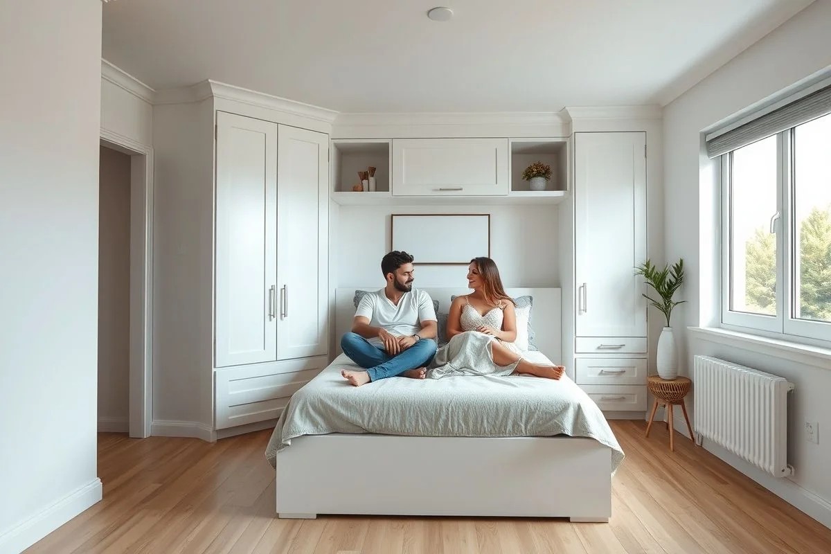 Quarto de casal pequeno com armários planejados e cores claras para ampliar o espaço.