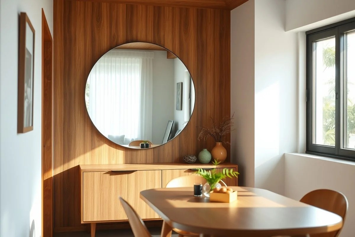 Sala de jantar pequena com espelho redondo e aparador, refletindo a luz natural. Apartamento moderno no Brasil.