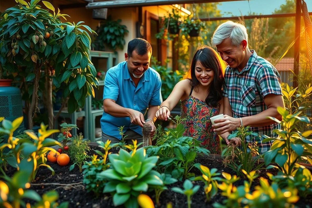 Família cuidando de horta biodinâmica em casa.