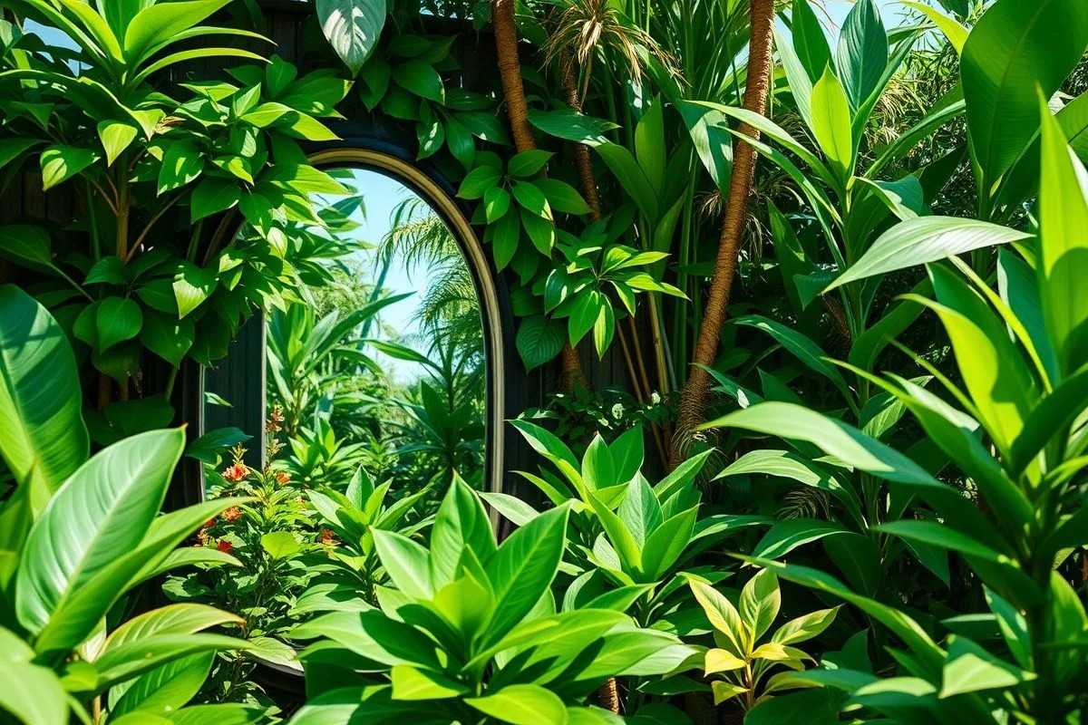 Espelho refletindo jardim pequeno no Brasil, ampliando o espaço.