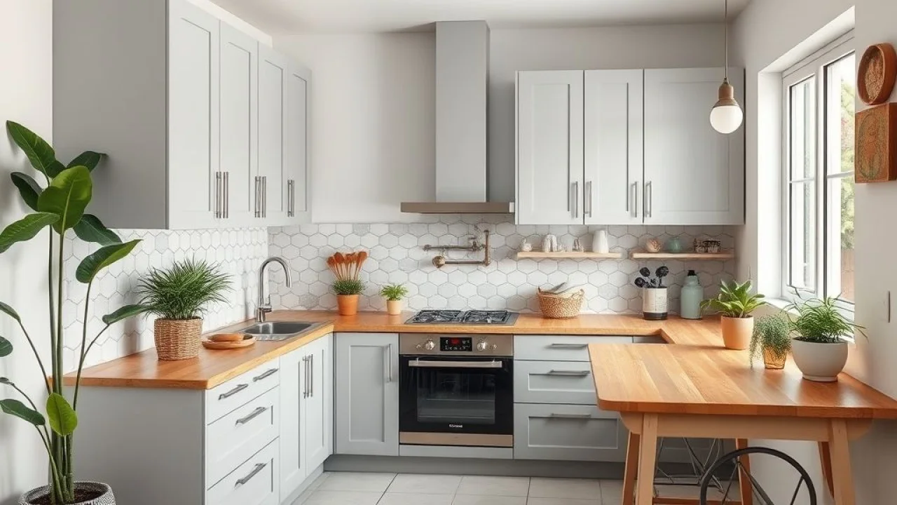 Cozinha planejada pequena com armários cinza claro, azulejos geométricos e plantas.