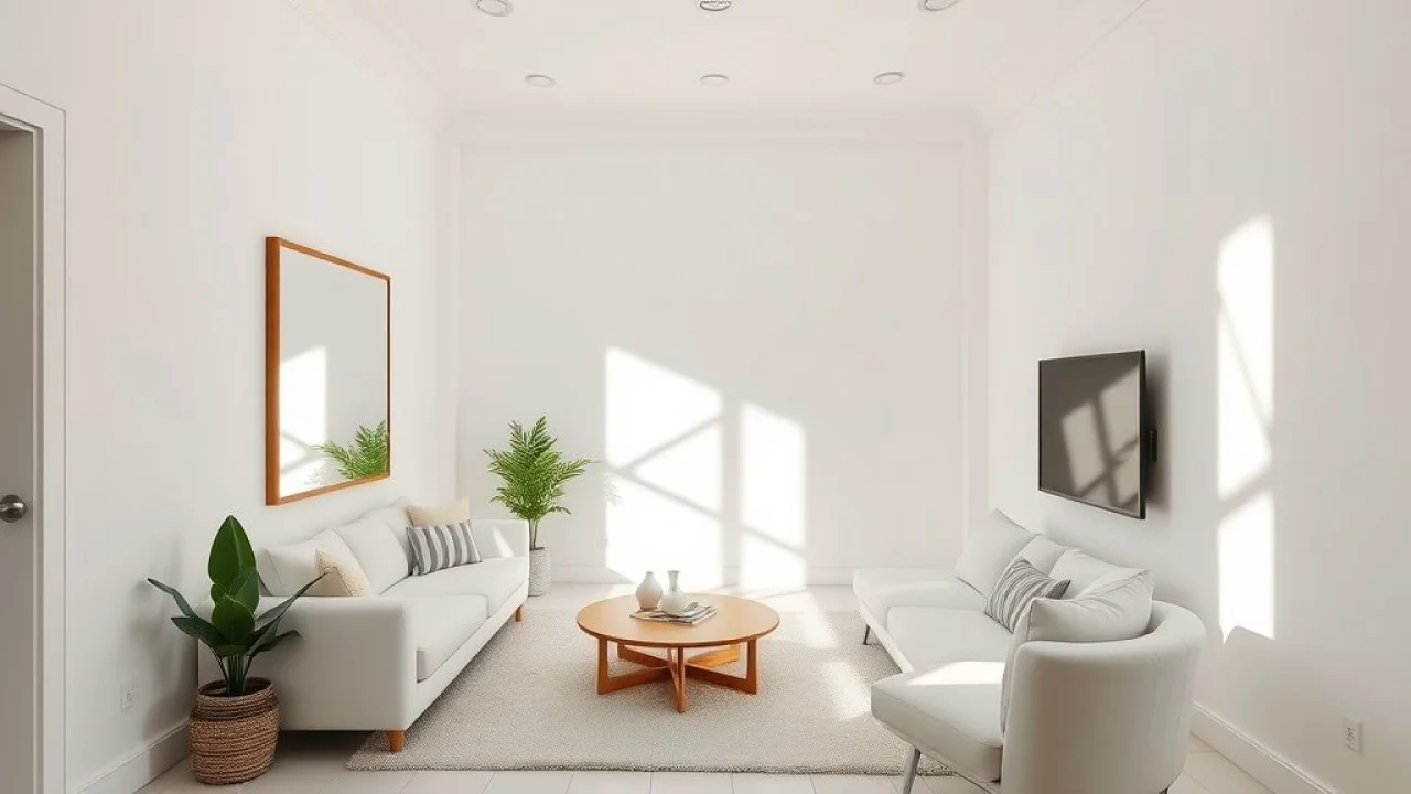 Sala pequena com paredes claras e espelho, ampliando o espaço com iluminação natural.