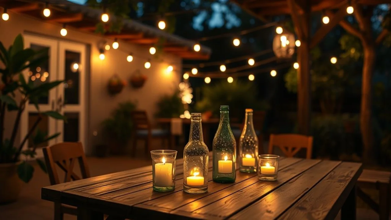 Pátio pequeno iluminado com luzes e velas em garrafas recicladas. Ambiente aconchegante à noite.