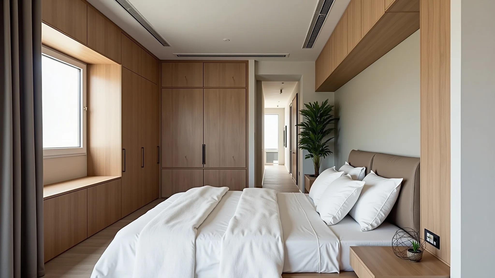 Quarto de casal pequeno com soluções inteligentes de armazenamento.