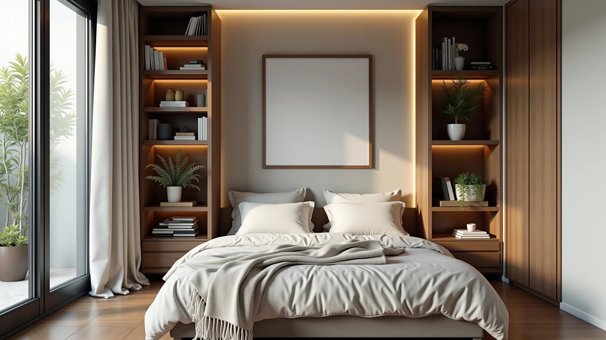 Quarto de casal pequeno com prateleiras e nichos otimizando o espaço vertical.