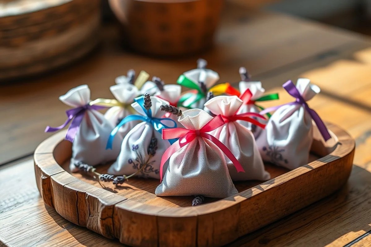 Sachês perfumados artesanais, lembrancinha delicada para chá de bebê no Brasil.
