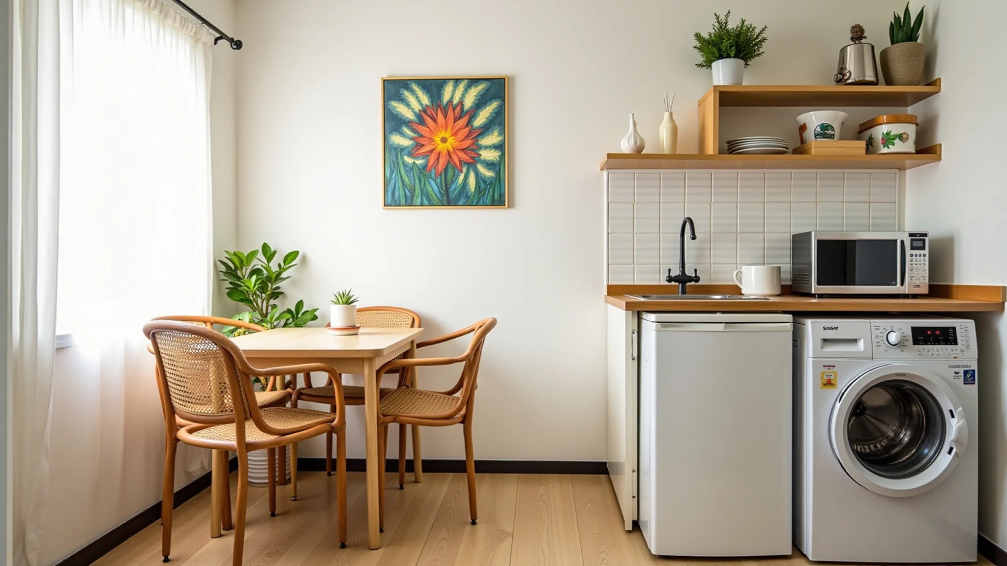 Canto de jantar pequeno com mesa dobrável, design inteligente e artesanato brasileiro.
