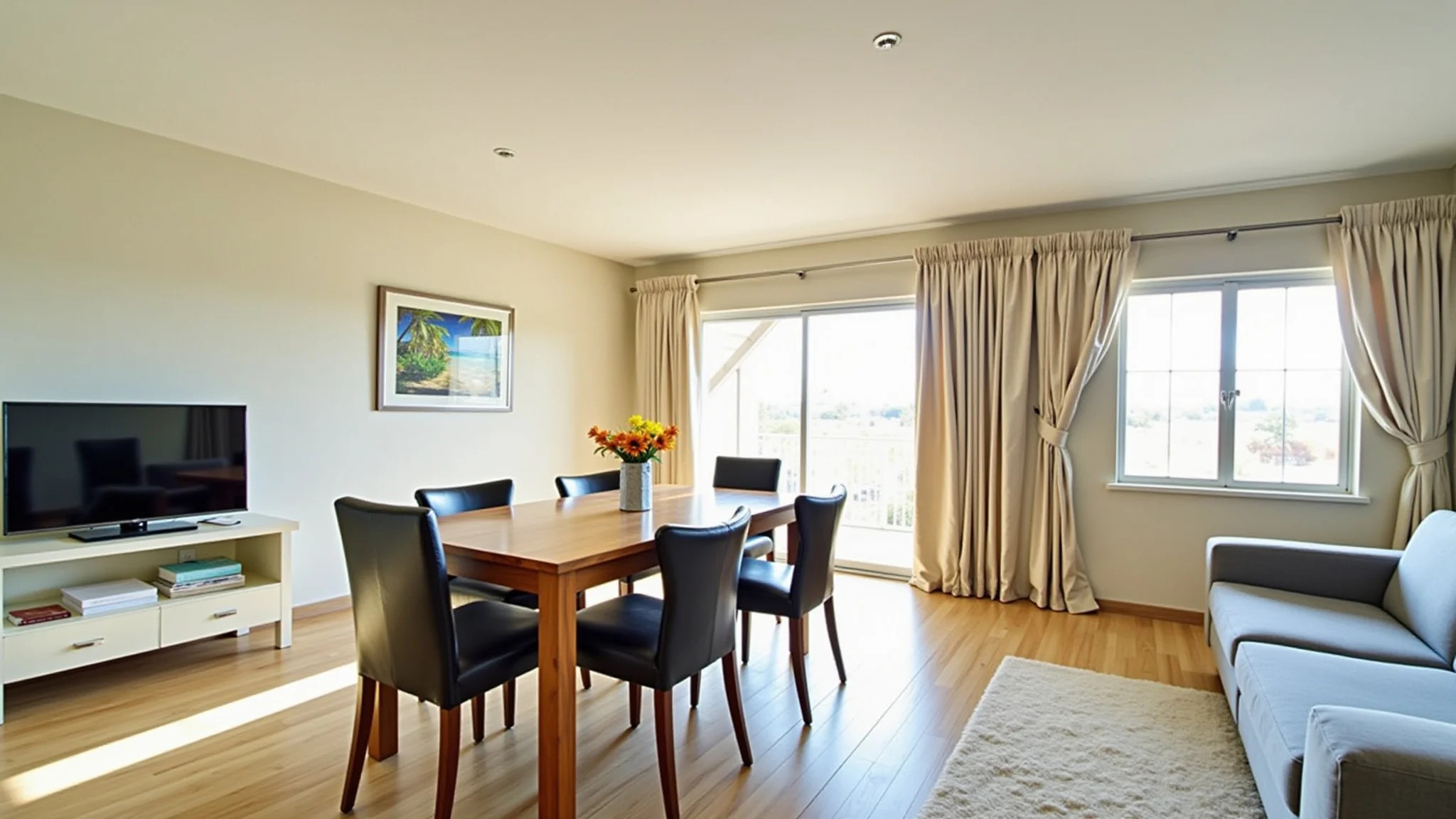 Sala de jantar pequena com mesa extensível, design moderno e cores vibrantes.