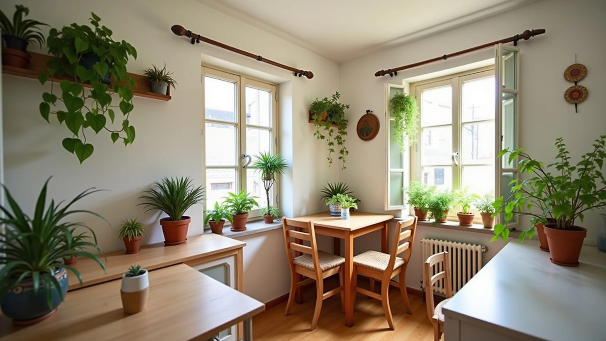 Sala de jantar pequena com mesa dobrável fixada na parede, com plantas e cores vibrantes.