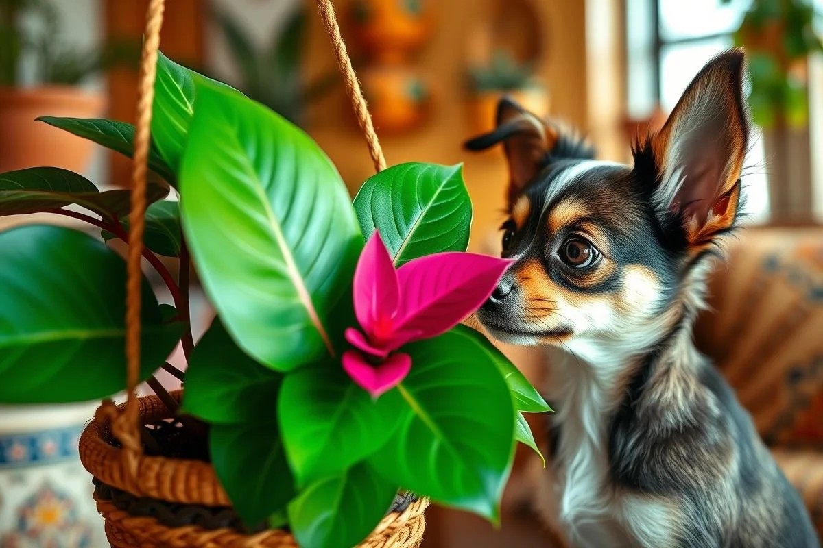Cachorro olhando fitônia em cesto suspenso, segurança pet.