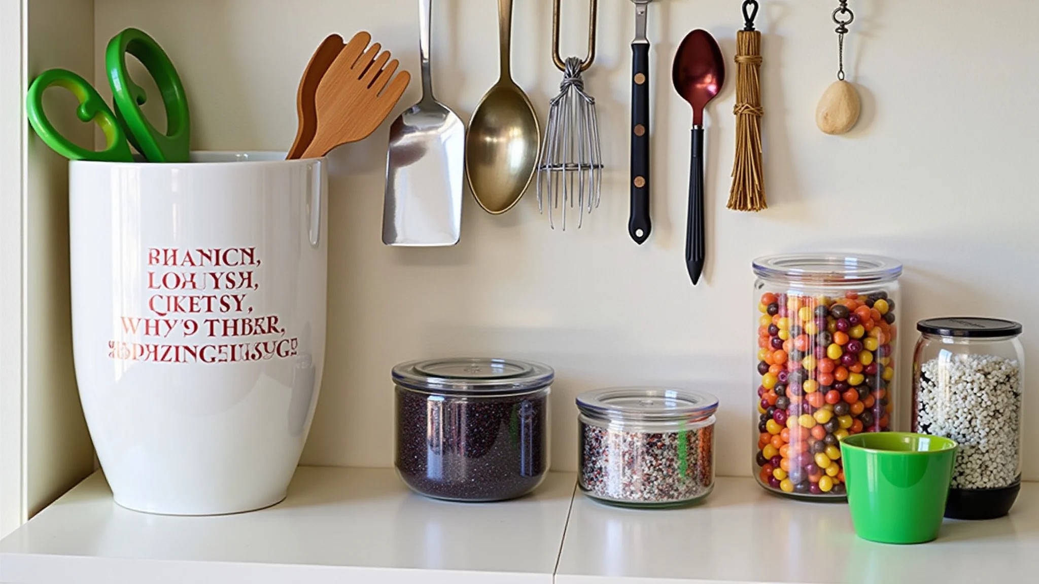 Pequena área gourmet com objetos decorativos que refletem a personalidade e utensílios charmosos.