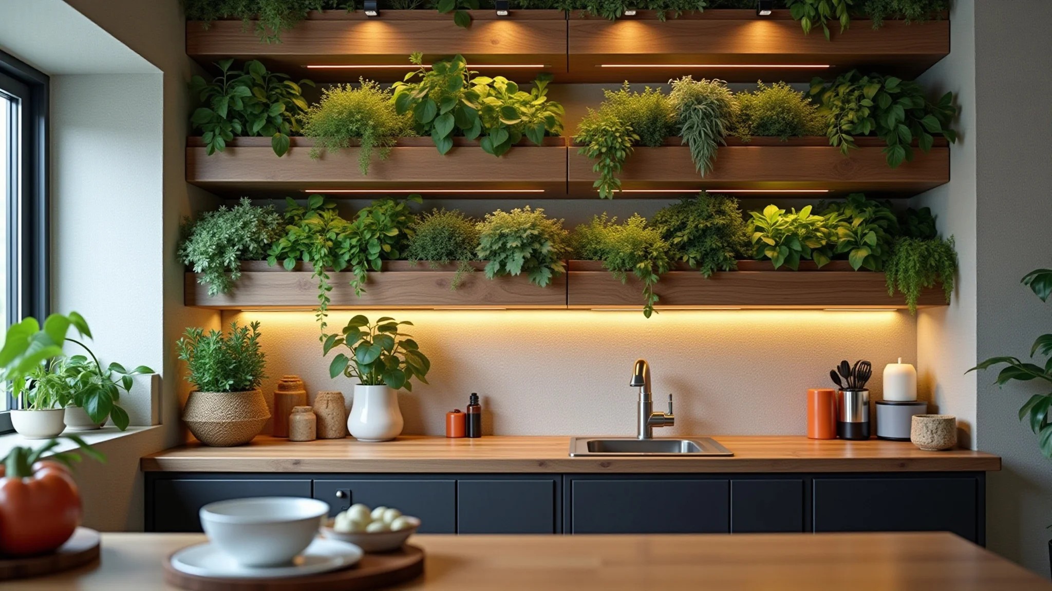 Pequena área gourmet com jardim vertical e prateleiras com ervas aromáticas.