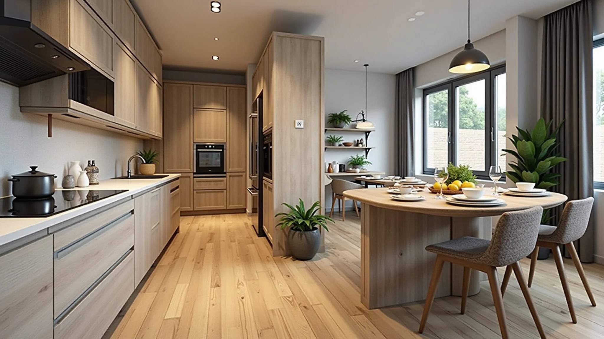 Pequena área gourmet com porcelanato amadeirado, pedras naturais e iluminação estratégica.