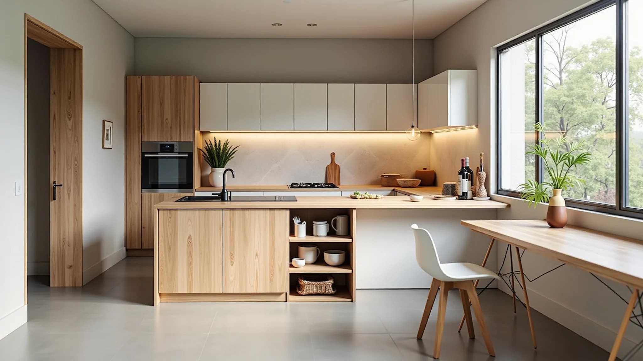 Cozinha gourmet pequena com materiais naturais e iluminação vibrante.