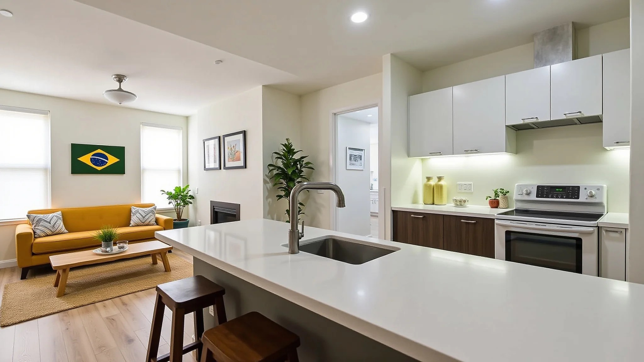 Cozinha gourmet pequena integrada à sala de estar com design brasileiro.