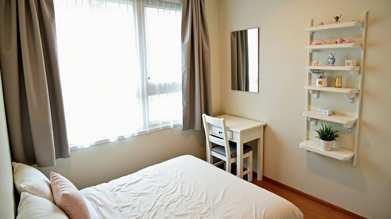 Quarto de hóspedes pequeno otimizado com móveis multifuncionais e espelho.