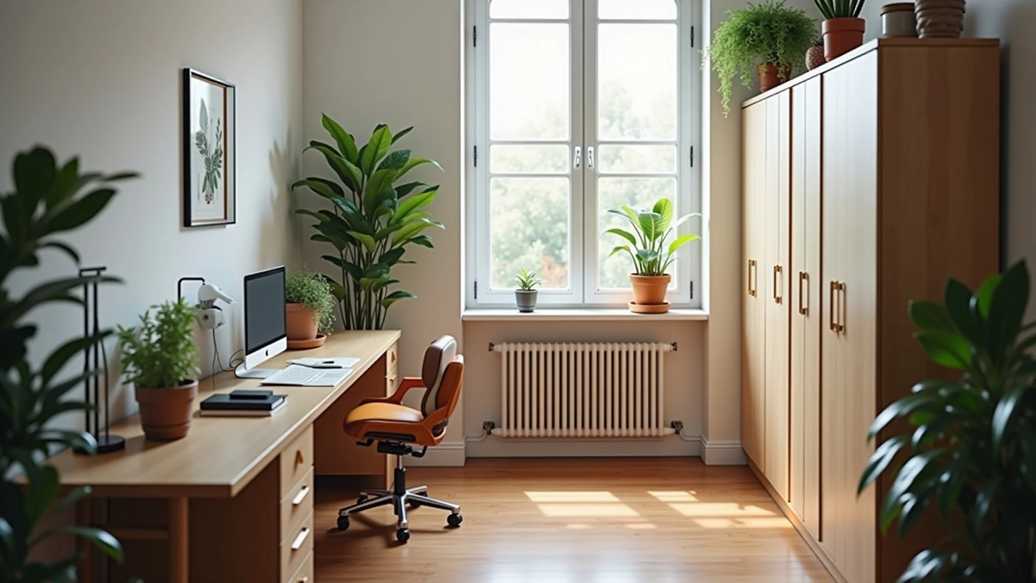 Home office pequeno com móveis multifuncionais e iluminação clara.