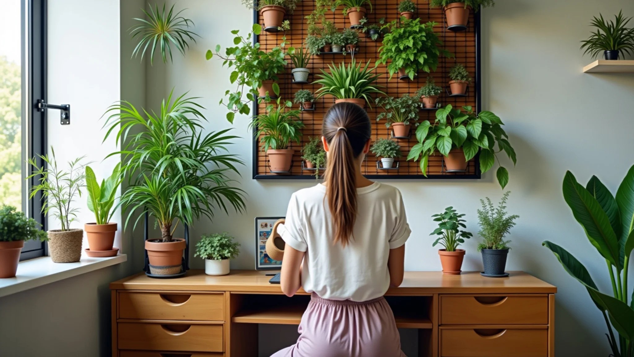 Pequeno home office com jardim vertical e mulher regando as plantas.
