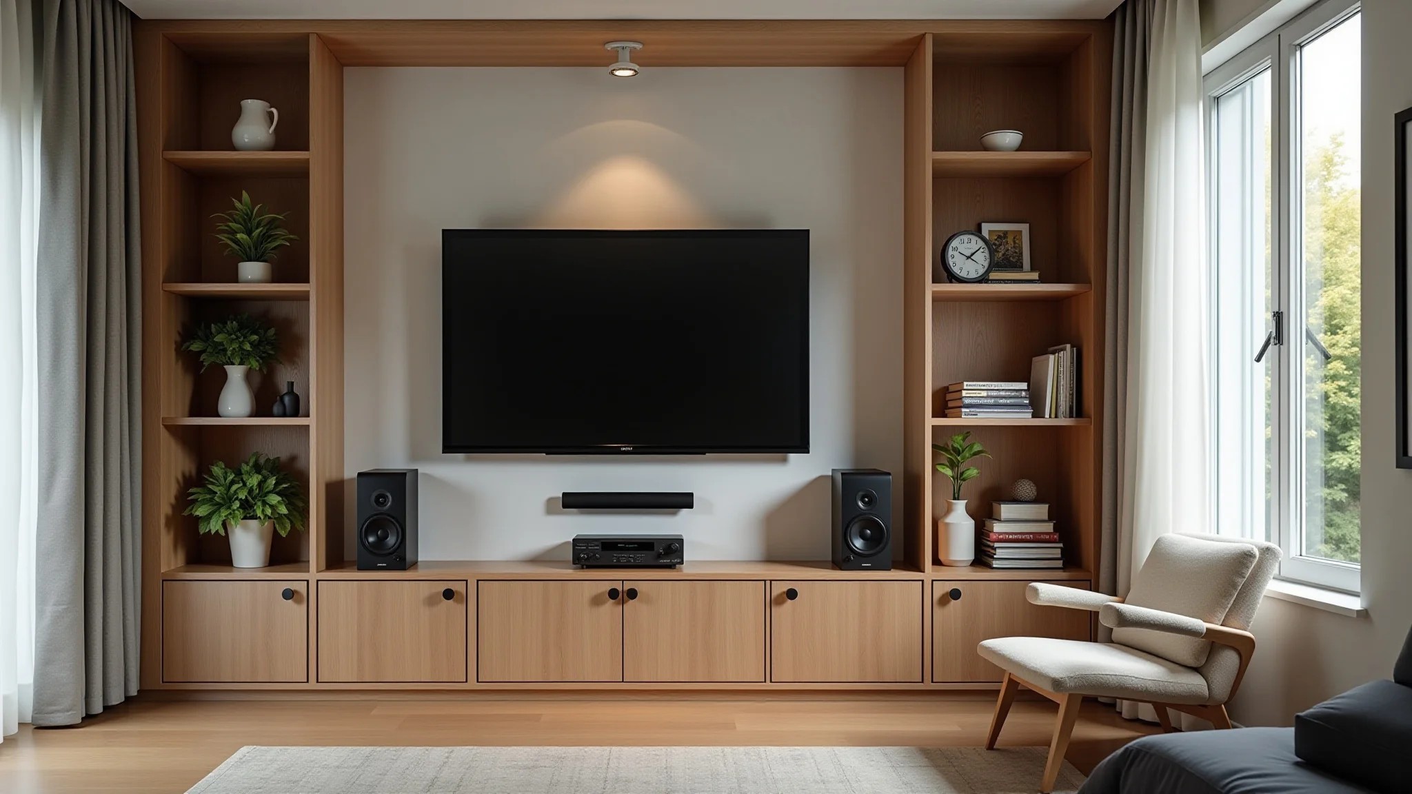 Home theater compacto com móveis multifuncionais e prateleiras.