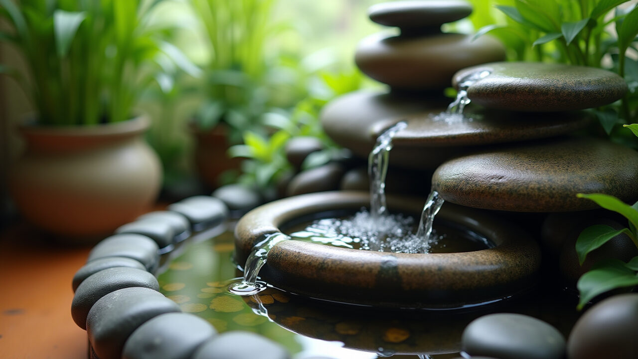 Pequena fonte de água interna com plantas.