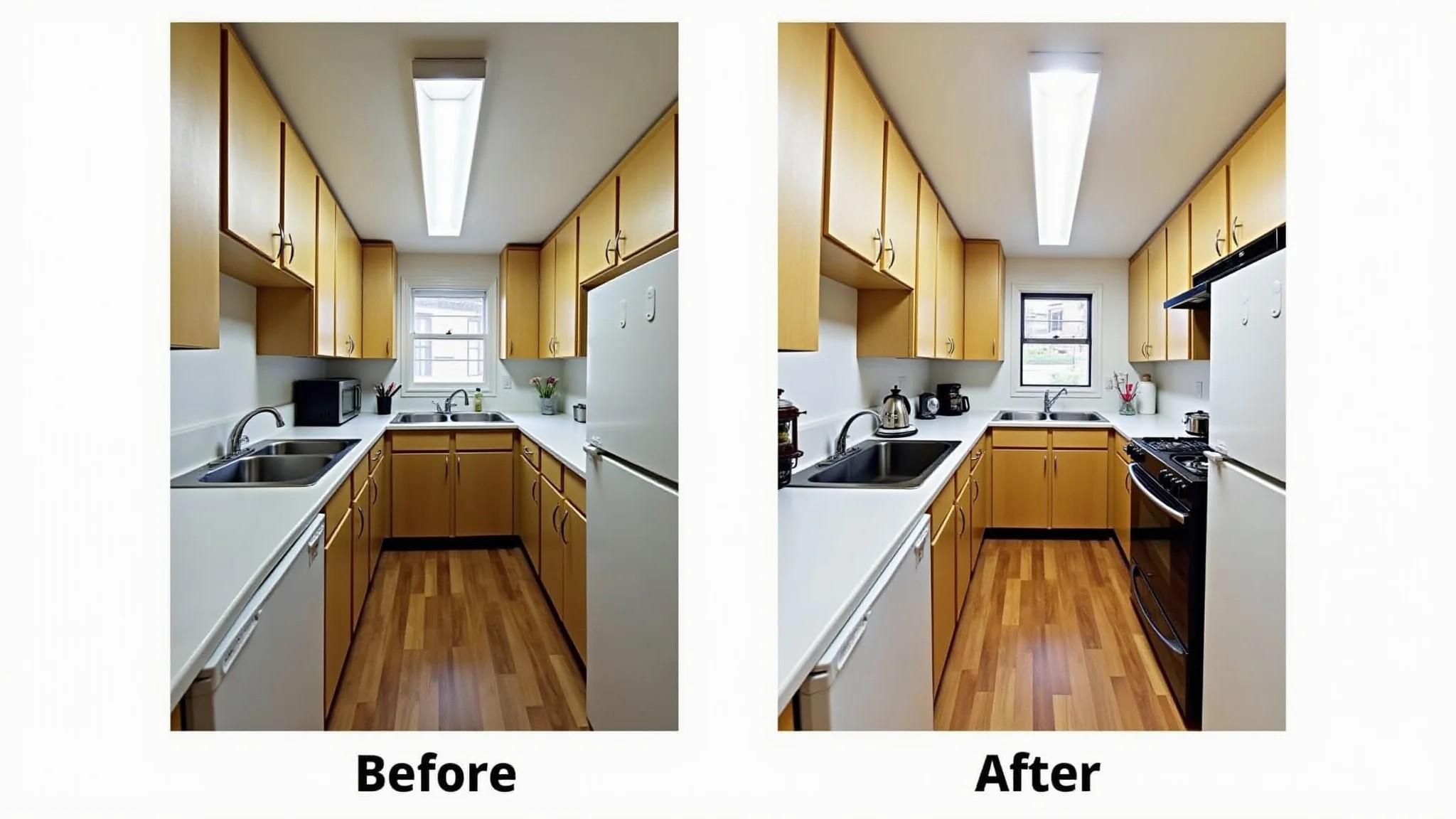 Renovação de cozinha pequena antes e depois com soluções de armazenamento inteligentes.