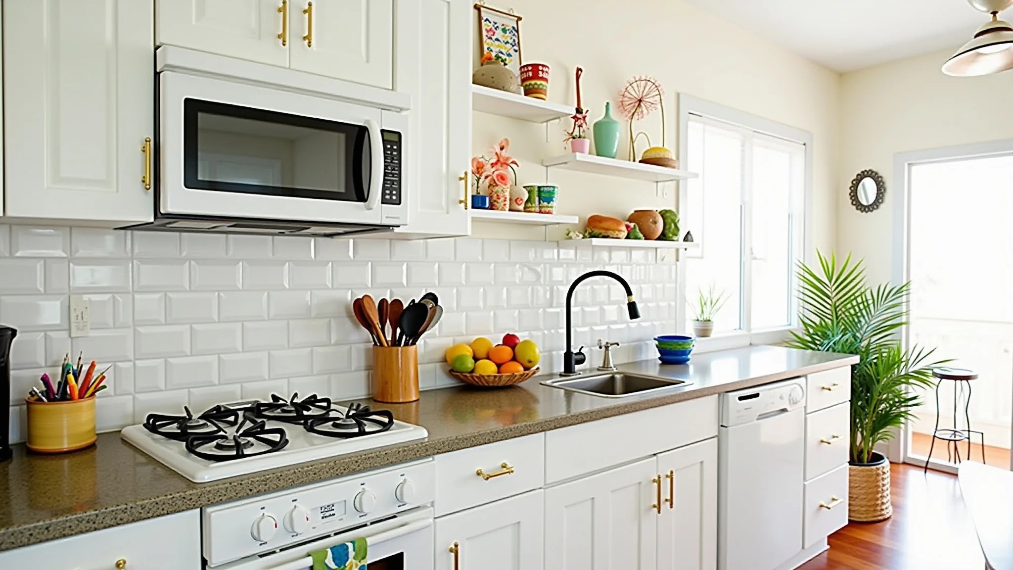 Pequena cozinha renovada com detalhes coloridos e decoração econômica.