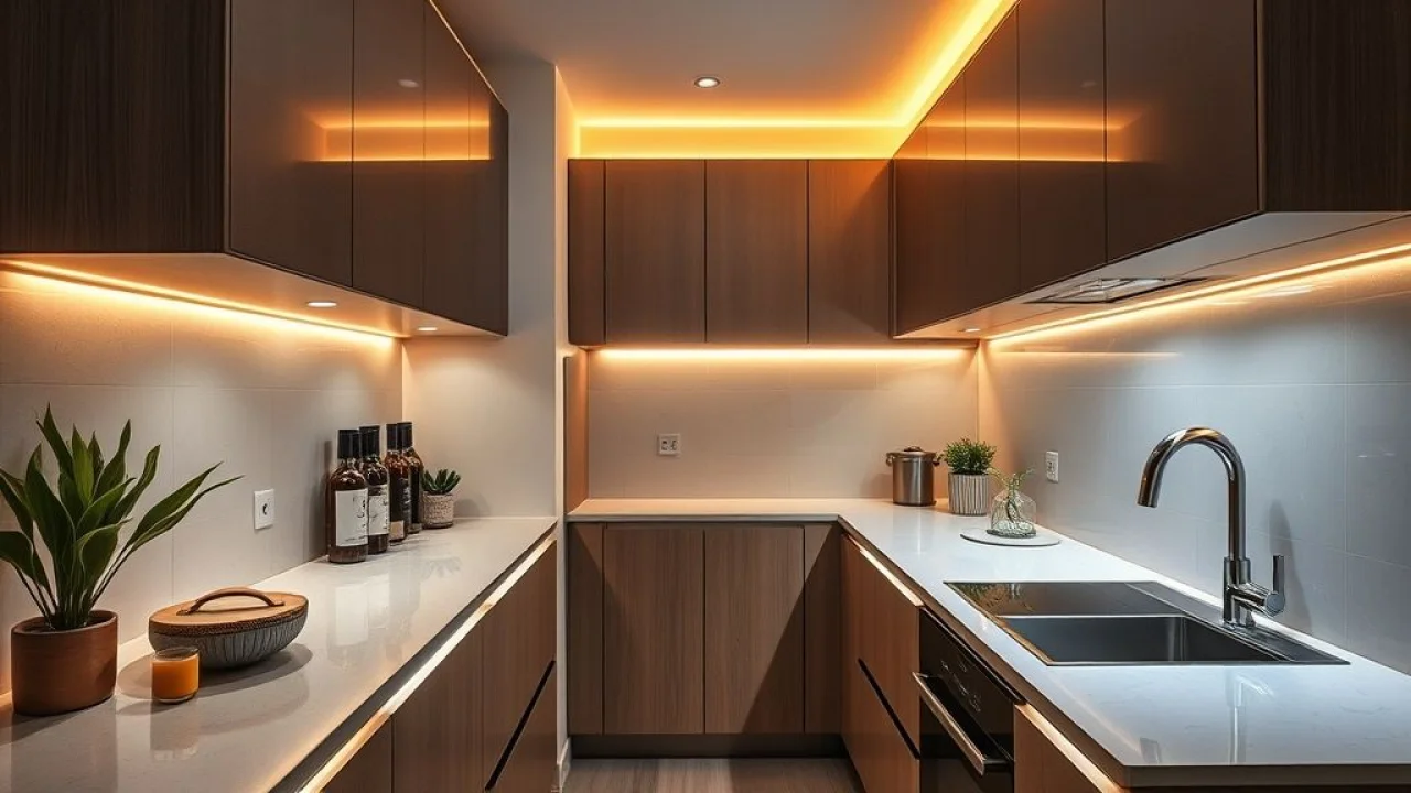 Iluminação embutida sob armários de cozinha planejada, destacando a bancada.