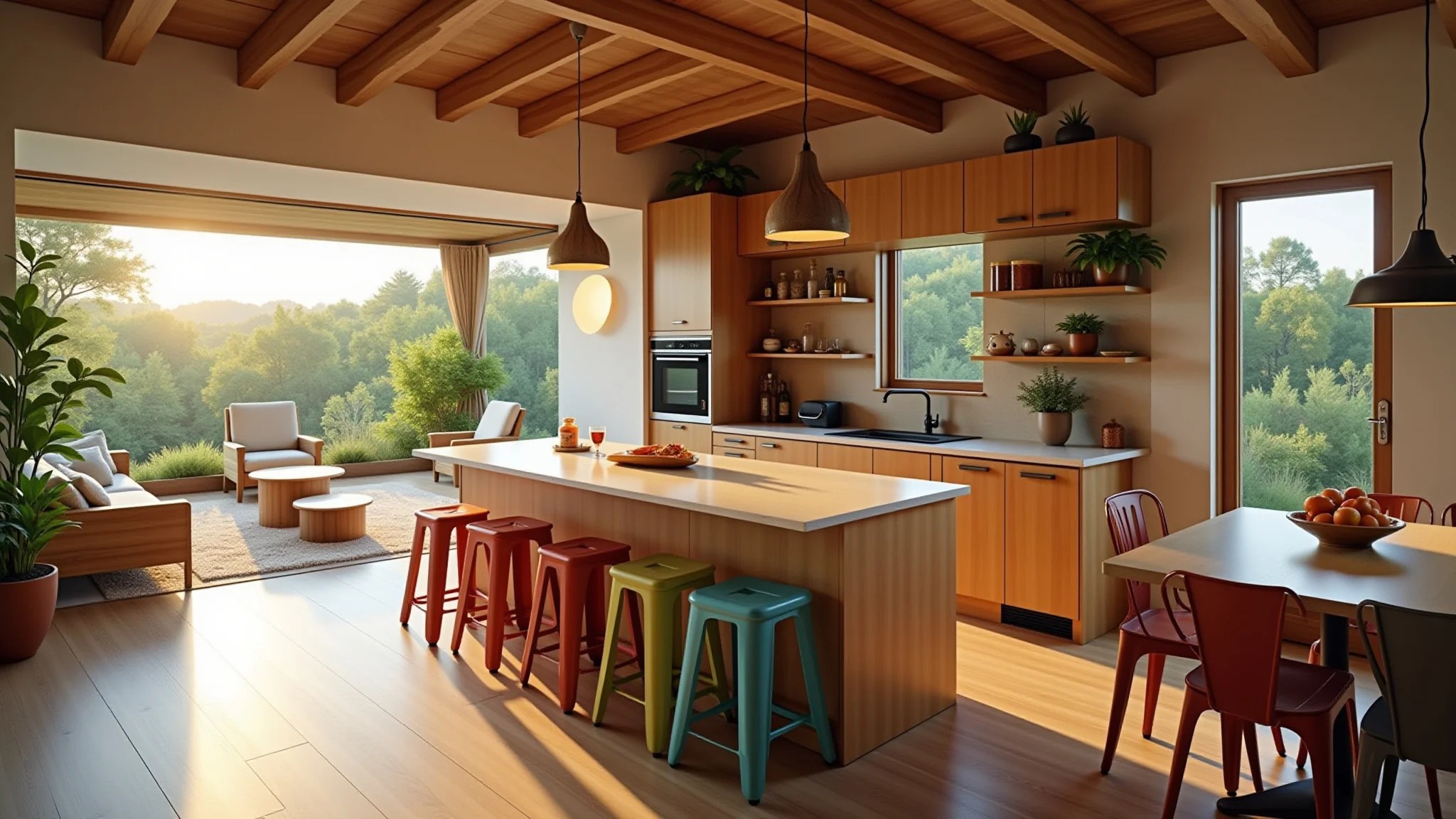 Cozinha pequena com ilha, banquetas coloridas, luminárias pendentes, espaço integrado.