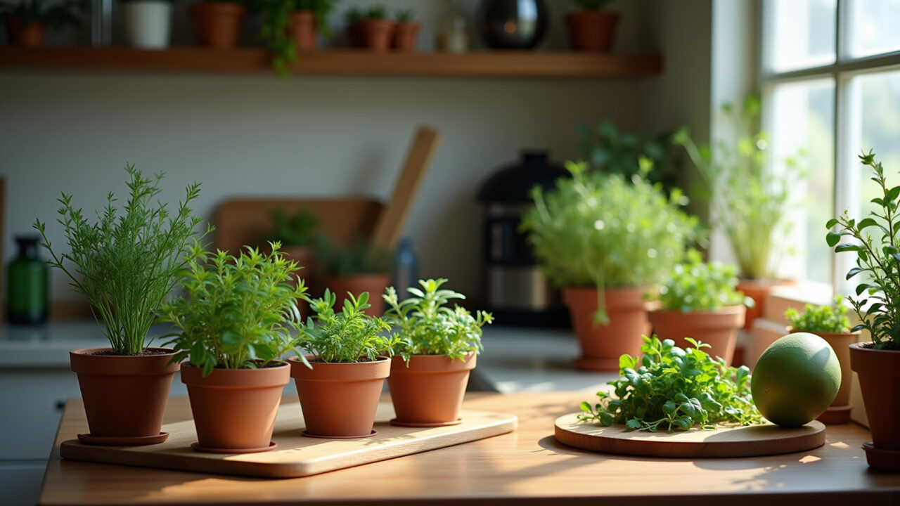 Cozinha pequena com plantas e ervas aromáticas, trazendo vida ao ambiente.