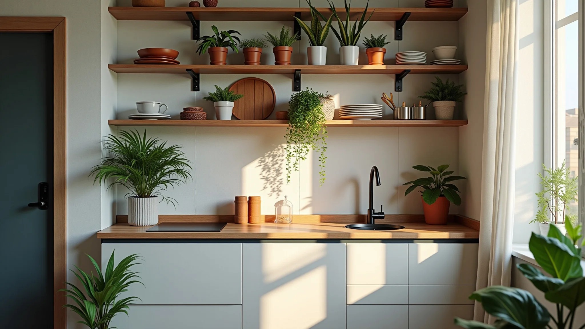 Cozinha de kitnet com organização vertical, prateleiras e plantas.