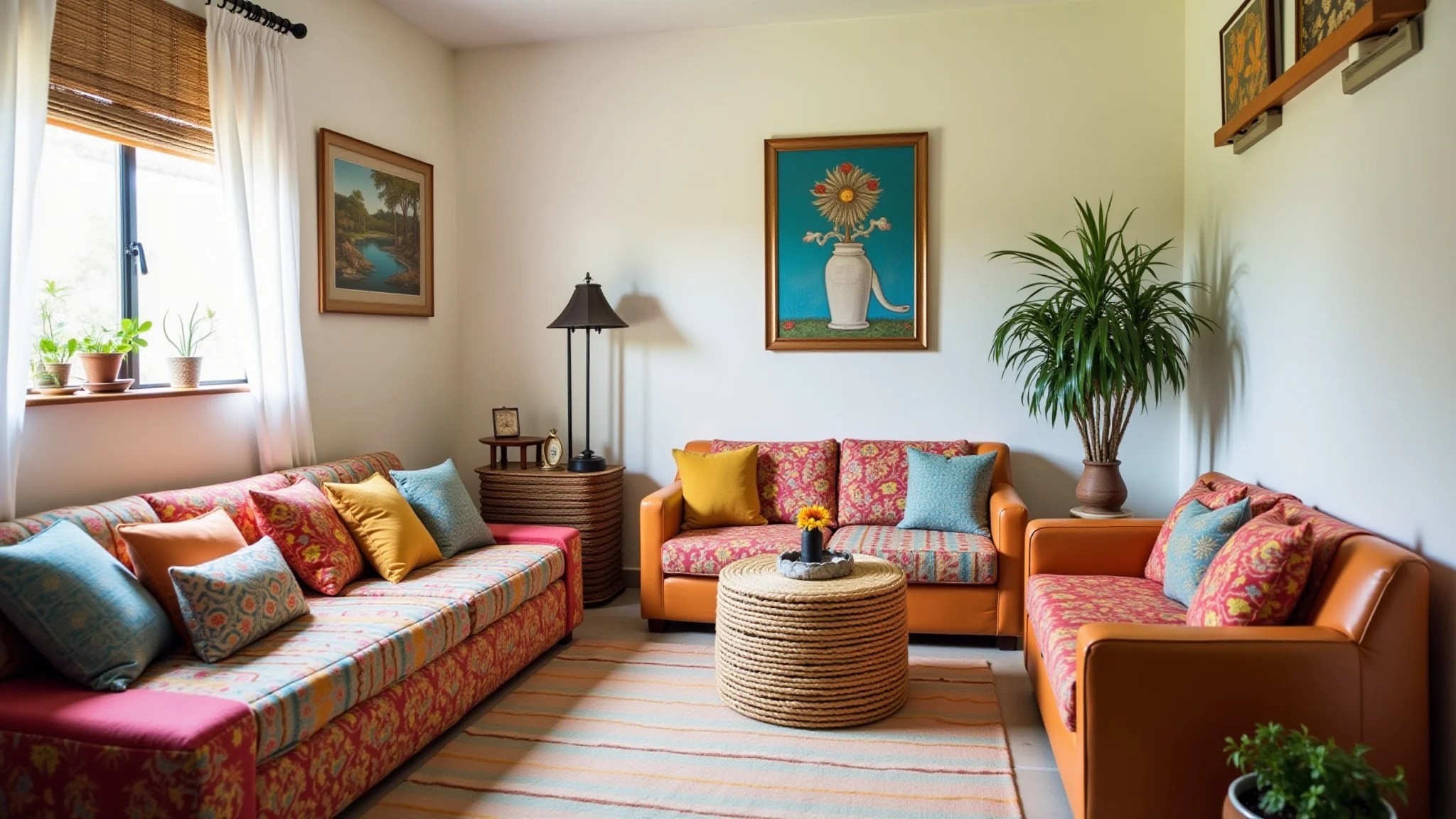 Sala de estar pequena com almofadas coloridas e objetos decorativos.