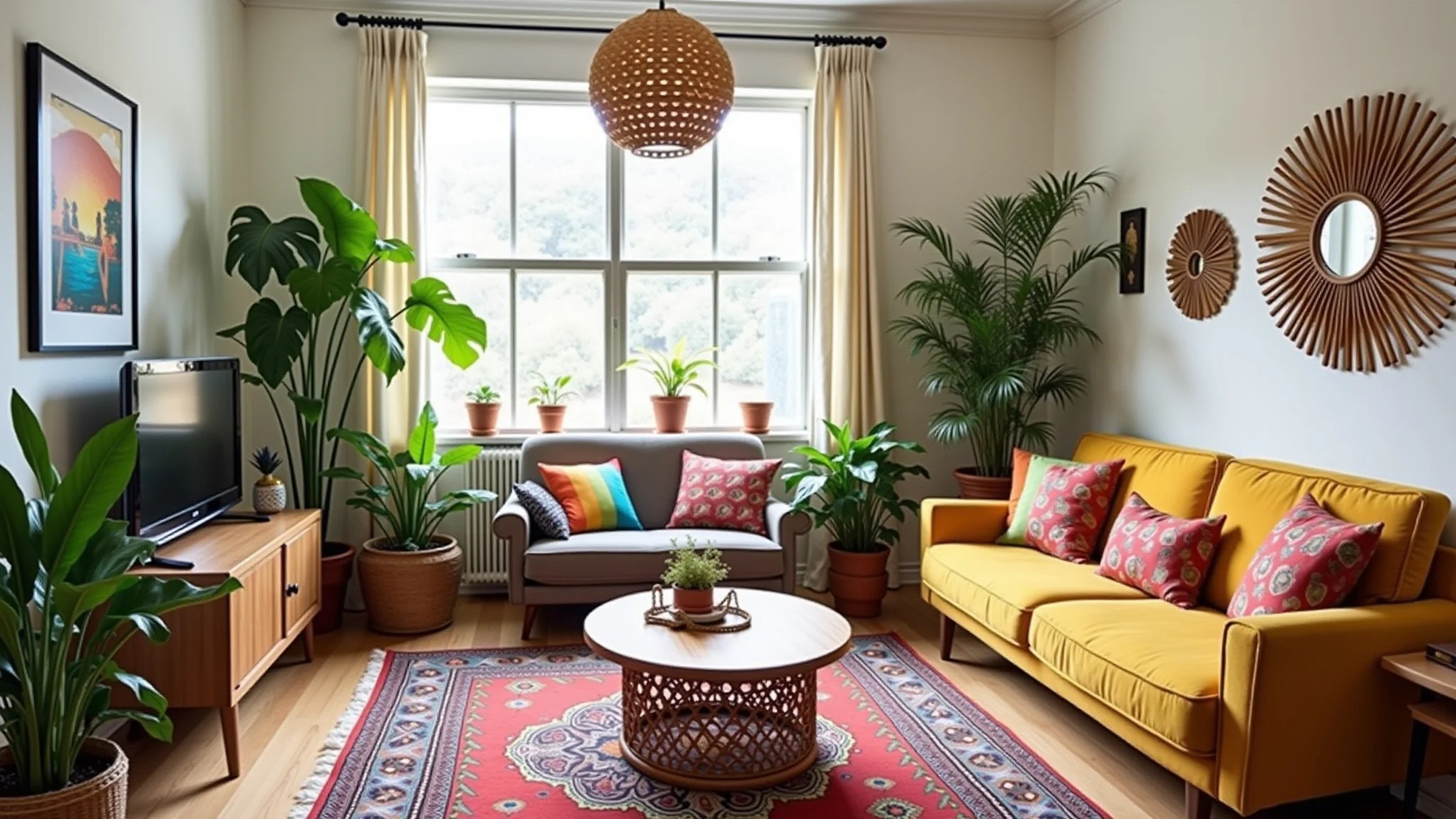 Sala pequena decorada com plantas, almofadas coloridas e tapete estampado.