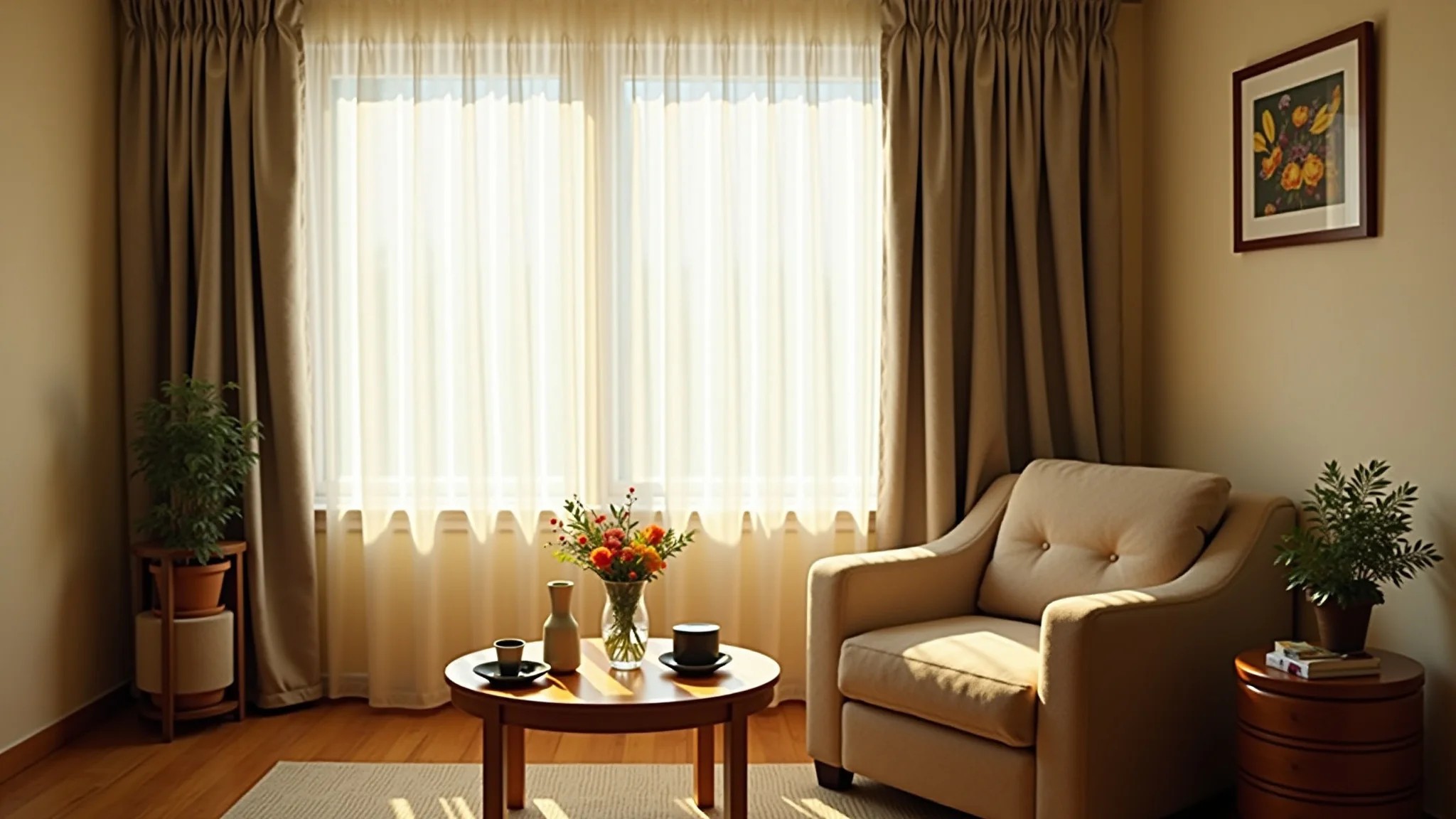 Sala pequena com cortinas leves, objetos decorativos e poltrona confortável.
