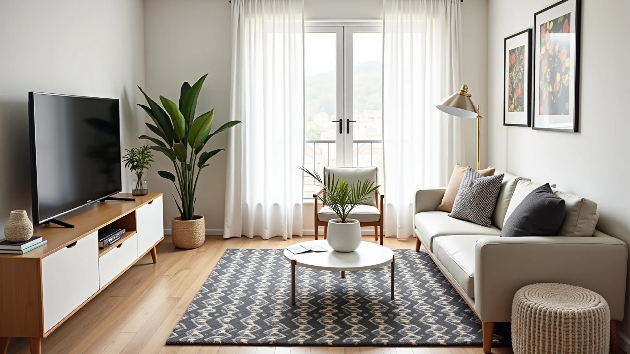 Sala pequena com tapete de padrão geométrico e decoração minimalista.