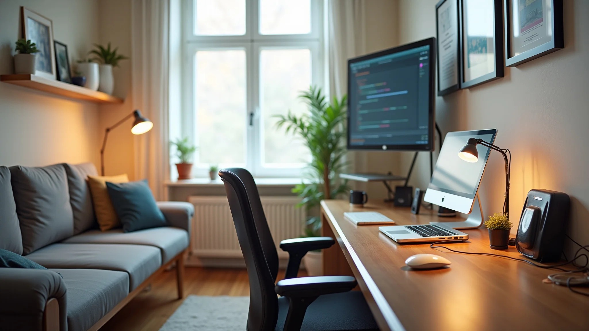 Home office pequeno na sala, design minimalista, cabos organizados, iluminação clara.