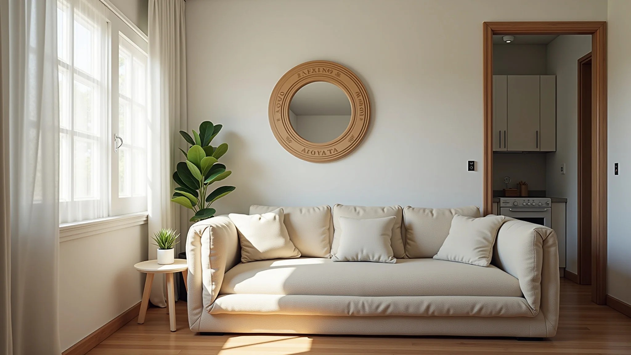 Sala de estar pequena com cores claras, espelho e iluminação brilhante, estilo brasileiro.