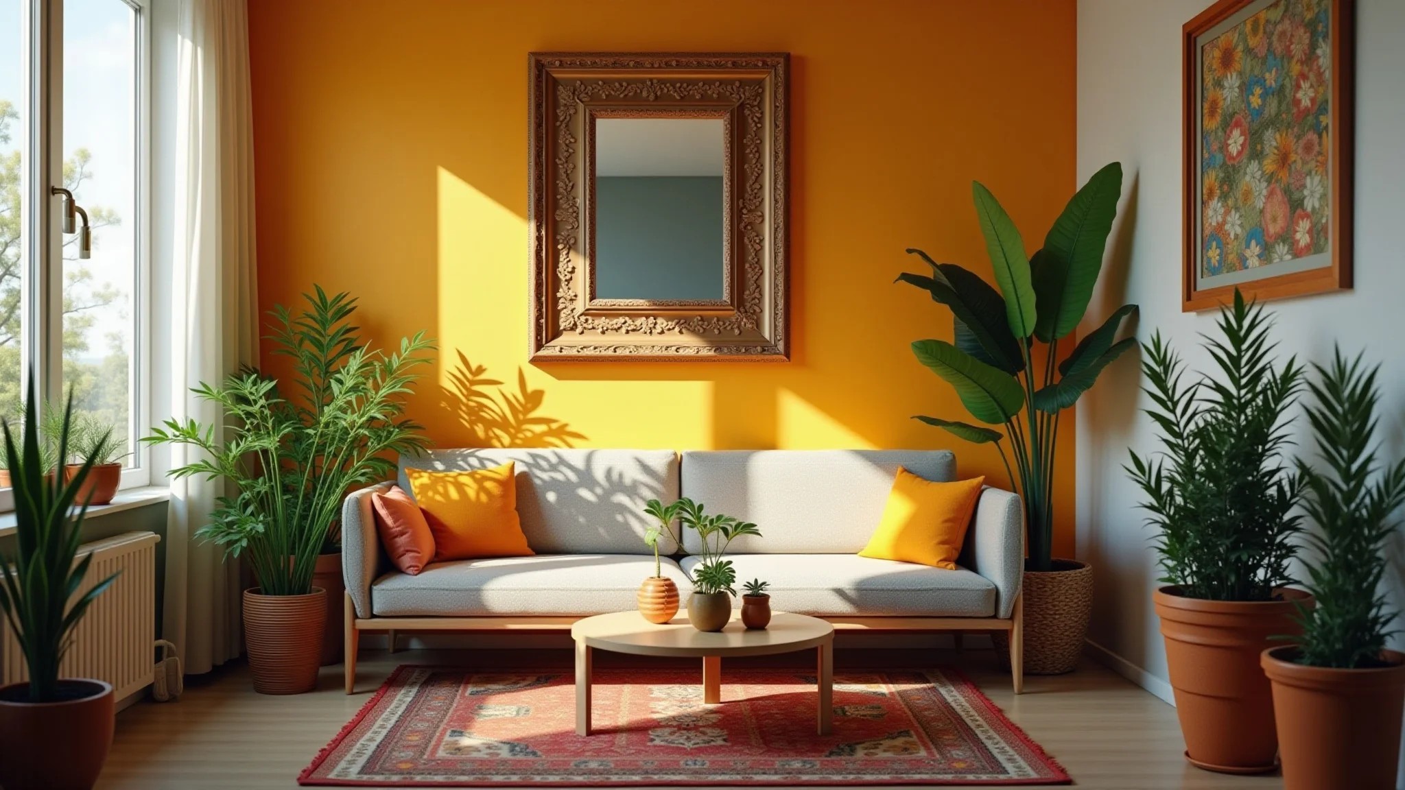 Sala pequena com espelho ampliando o espaço, plantas e estilo brasileiro vibrante.