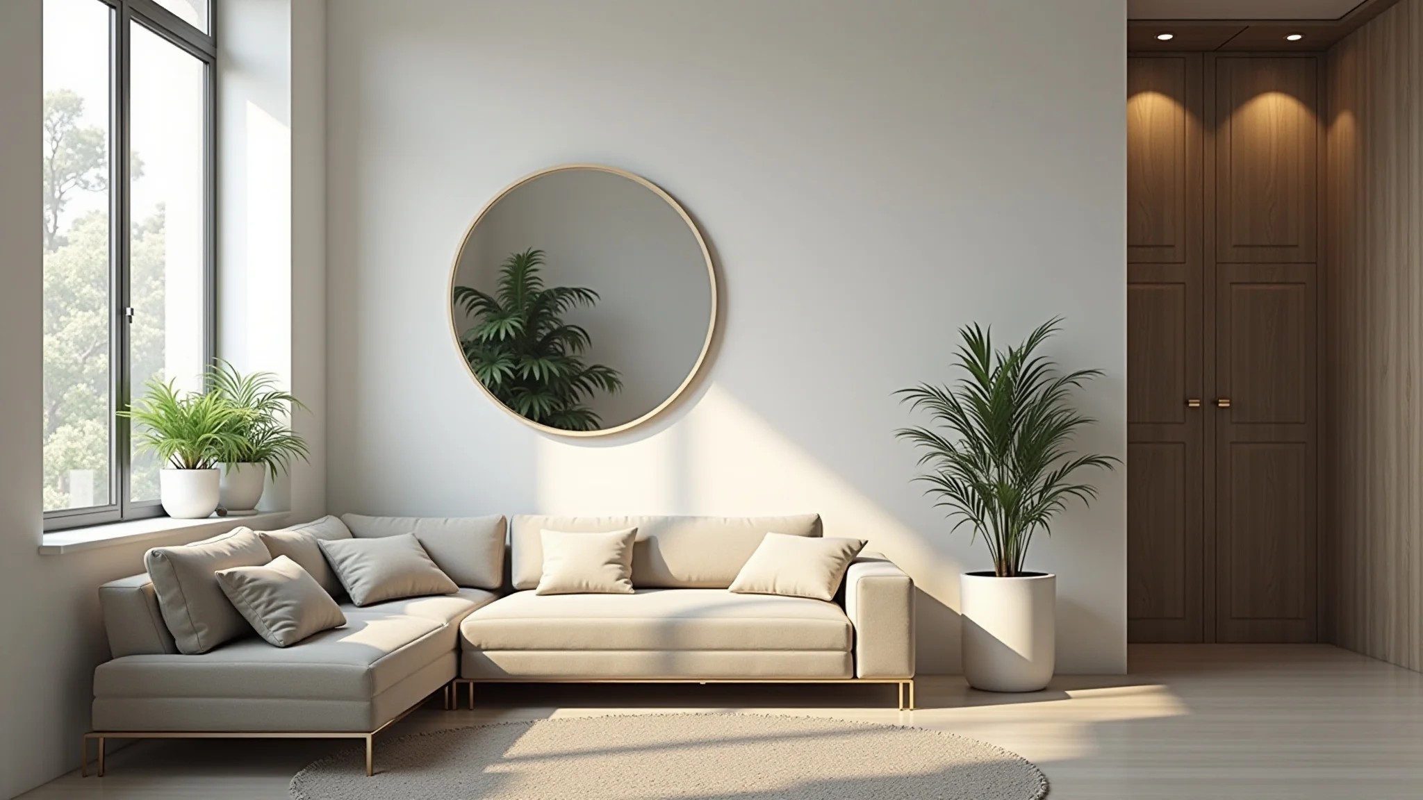 Sala de estar pequena com parede de espelhos ampliando o espaço e decoração minimalista.