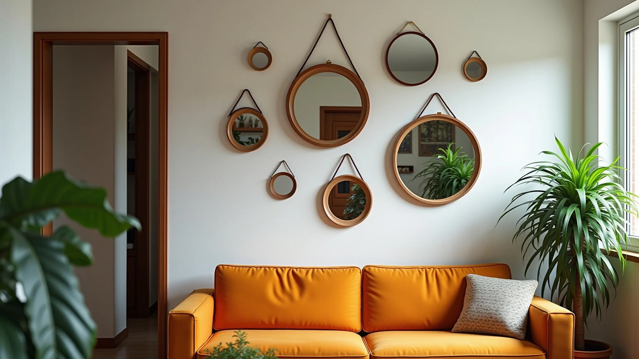 Sala pequena com espelhos na parede, plantas e cores vibrantes.