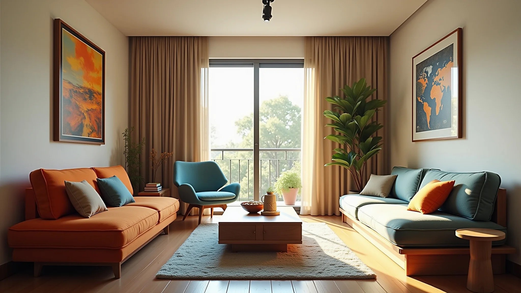 Sala pequena com móveis multifuncionais, cores vibrantes e design brasileiro.