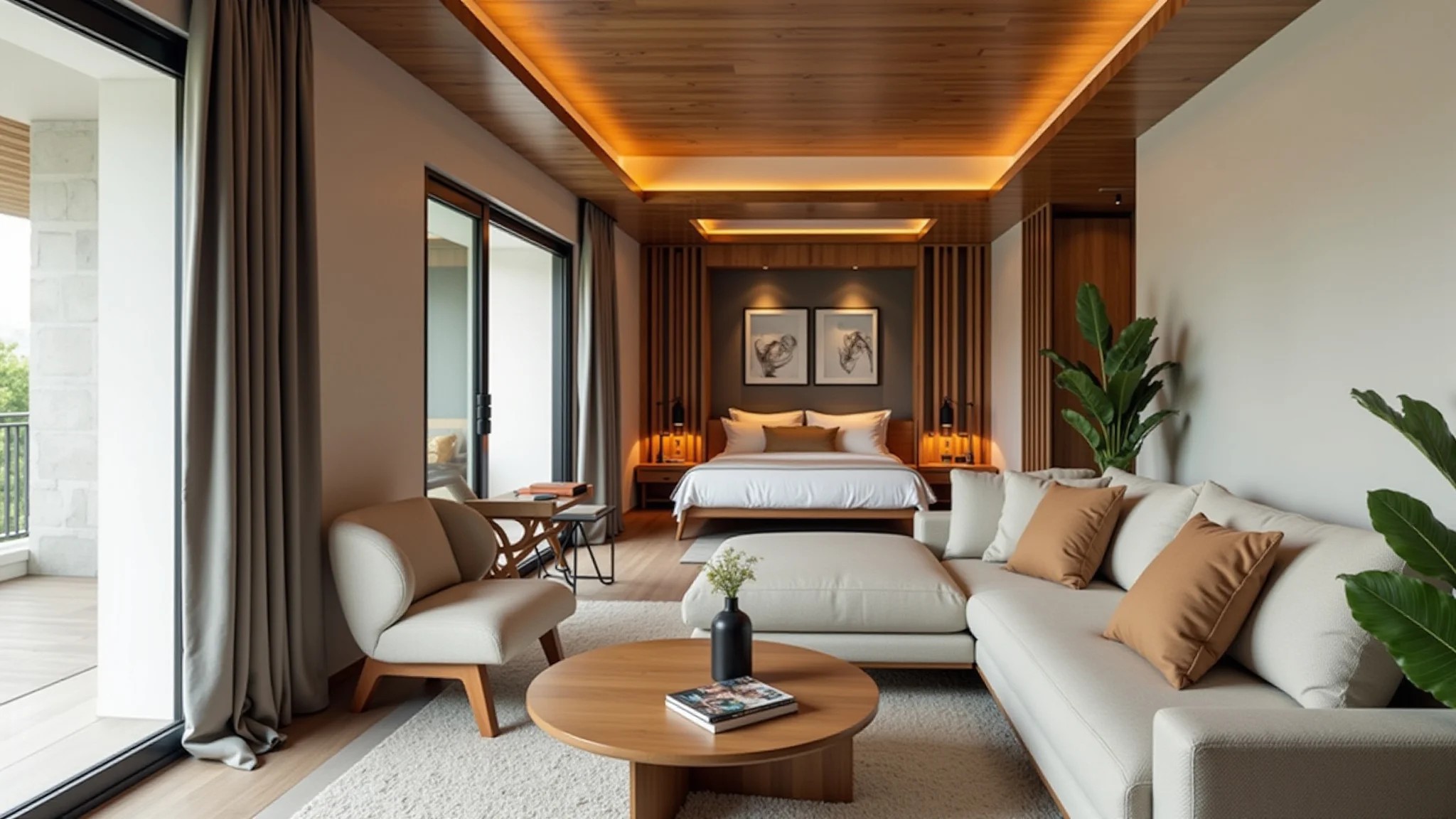 Sala pequena com móveis multifuncionais, sofá-cama e detalhes em madeira.