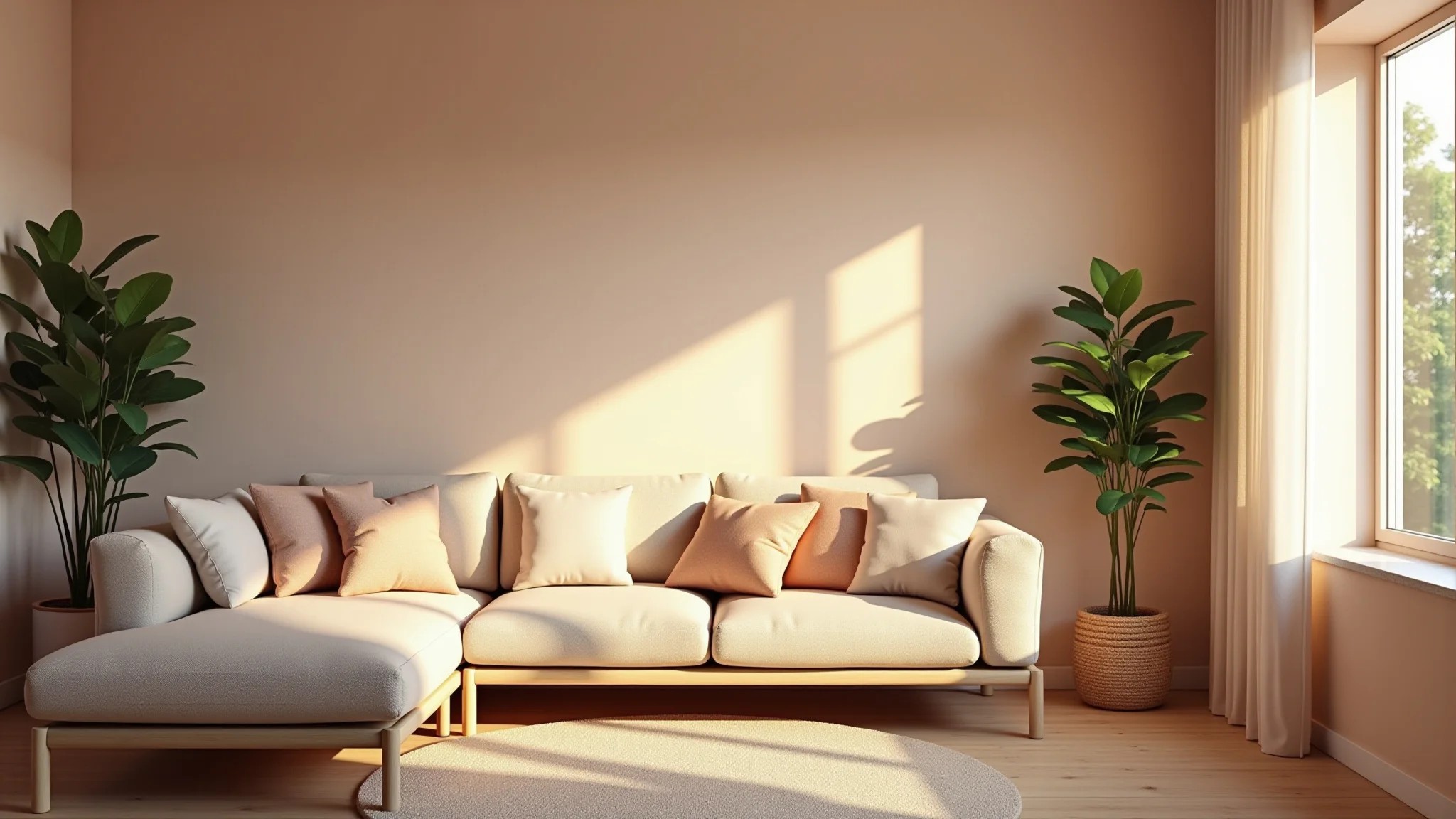 Sala pequena em tons pastel, design minimalista e atmosfera aconchegante.