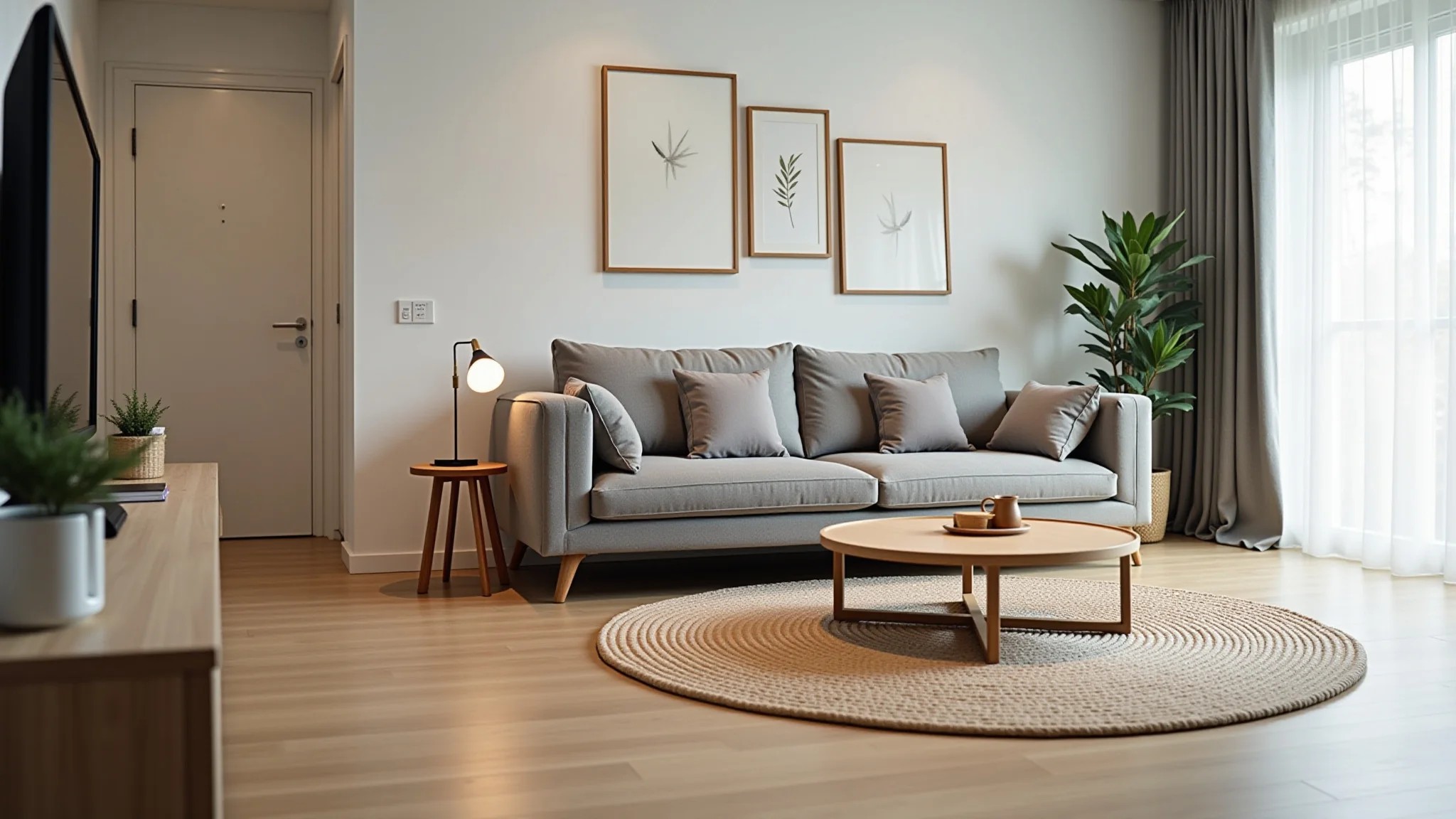 Sala pequena com tapete redondo sob mesa de centro e decoração minimalista.