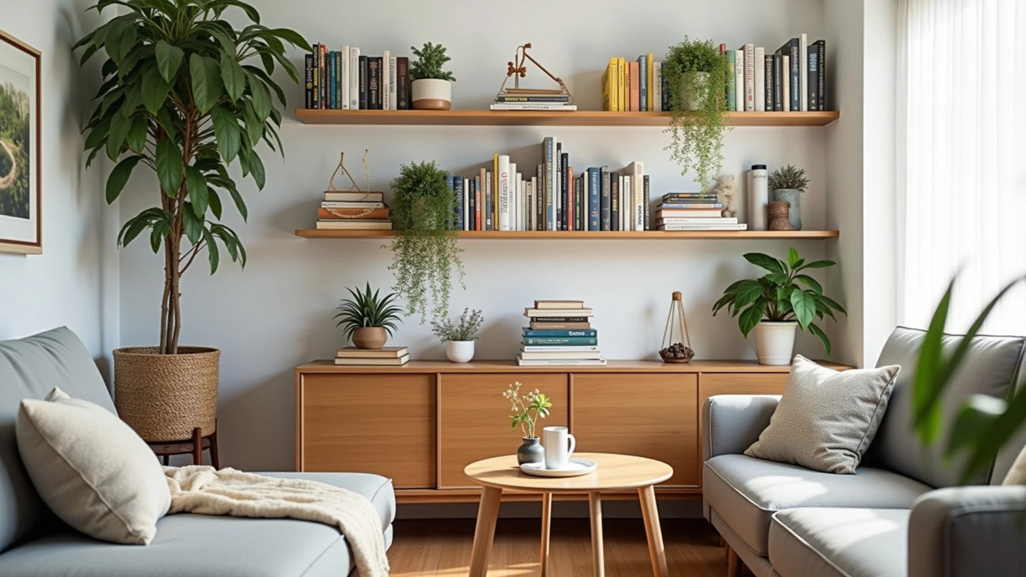 Sala pequena com prateleiras organizadas com livros e plantas, estilo brasileiro.