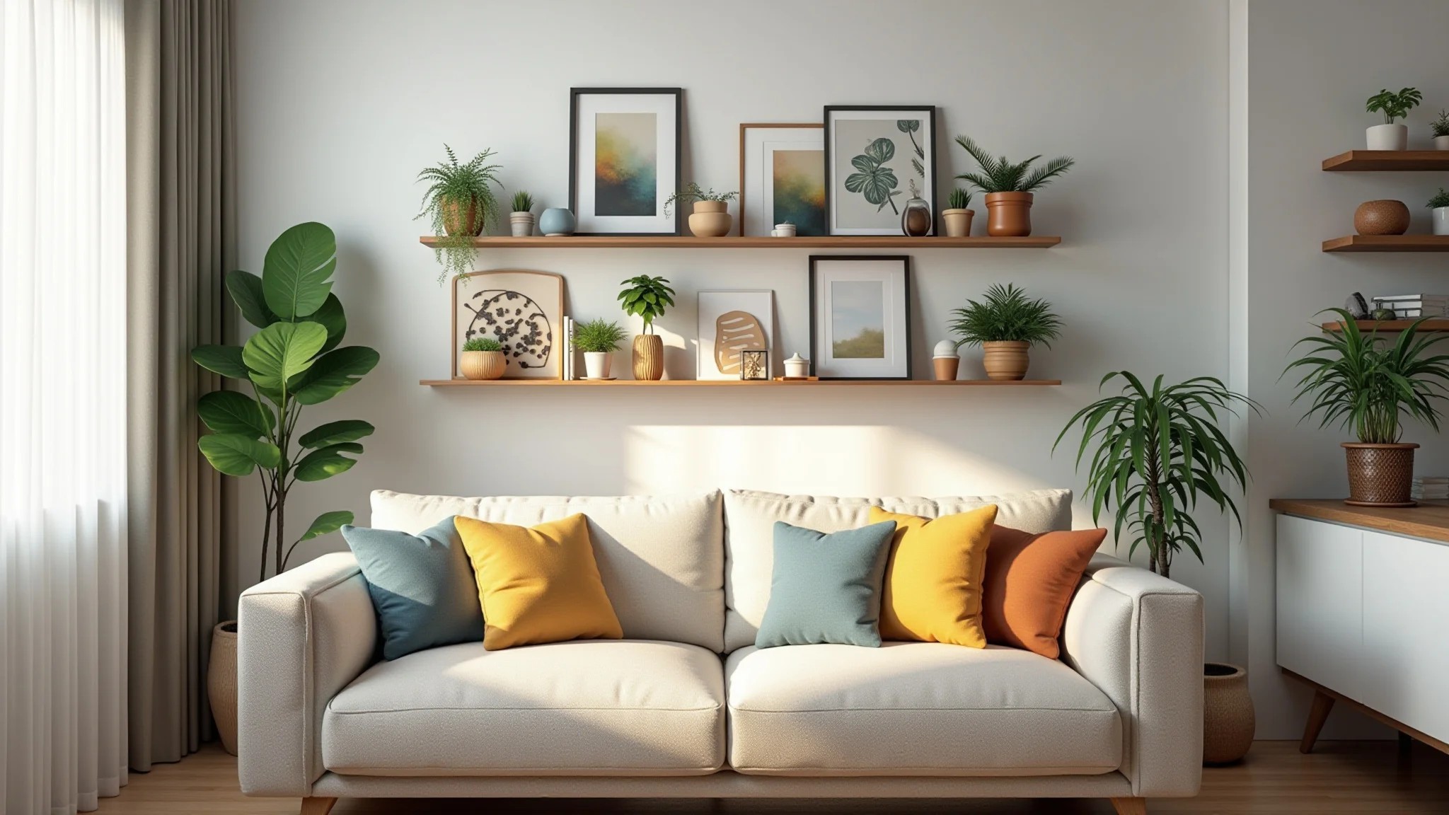 Sala pequena com prateleiras decoradas com plantas e objetos.