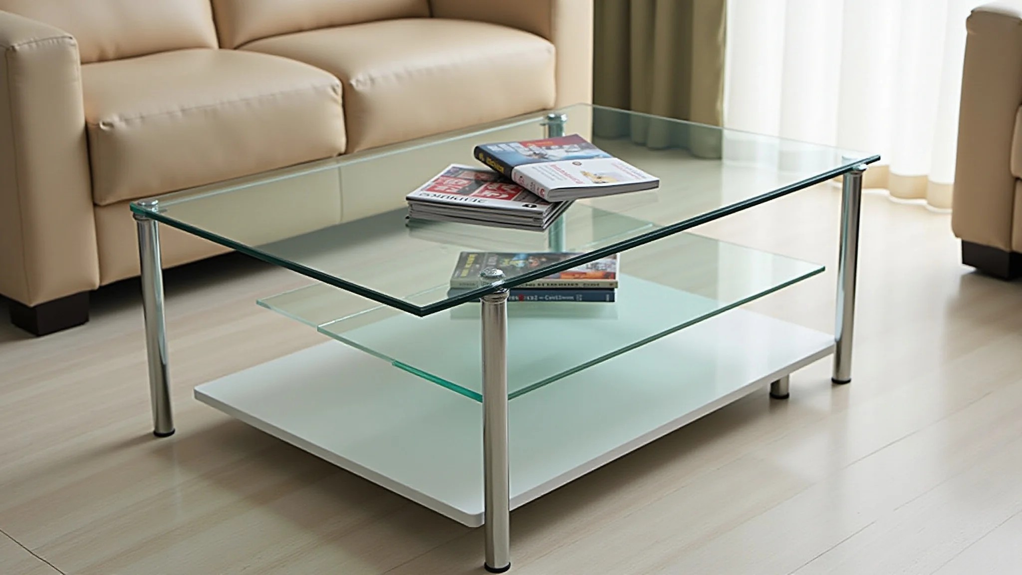 Mesa de centro quadrada de vidro em sala pequena, design moderno e elegante.