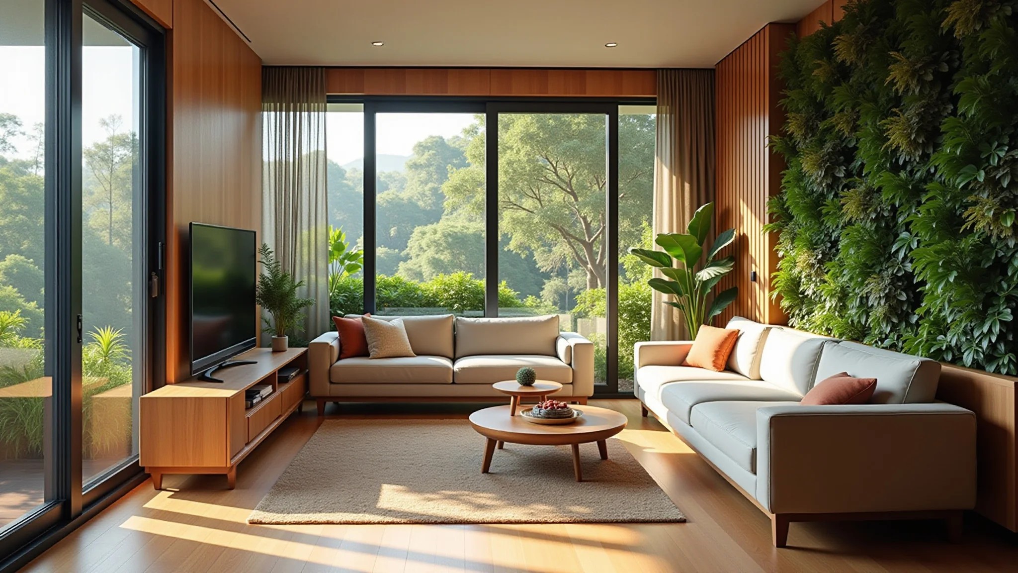 Sala de estar pequena com jardim vertical e móveis de madeira clara.