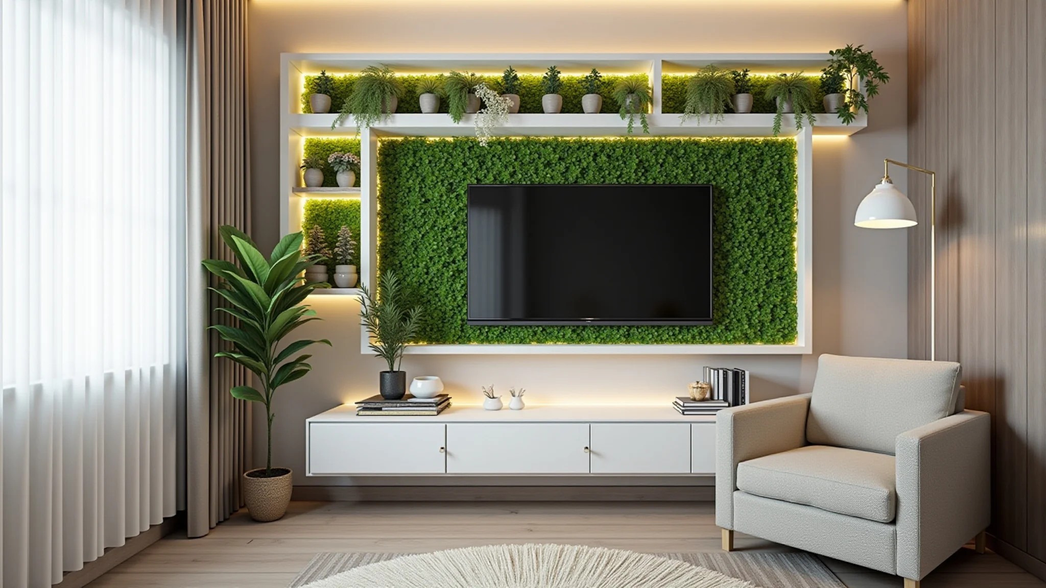 Sala pequena com jardim vertical, prateleiras flutuantes e iluminação clara.