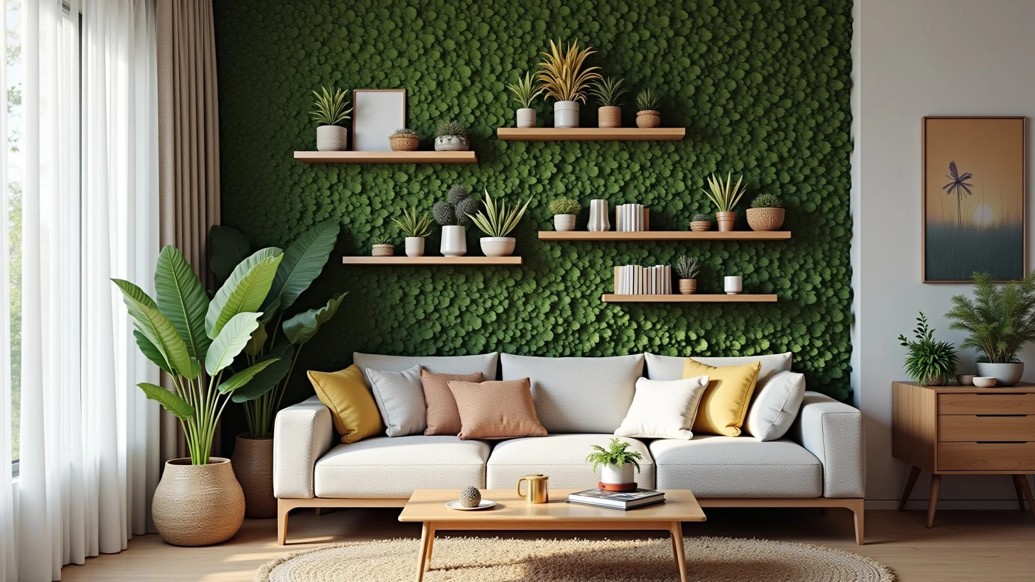 Sala pequena com jardim vertical e prateleiras decorativas, estilo brasileiro.